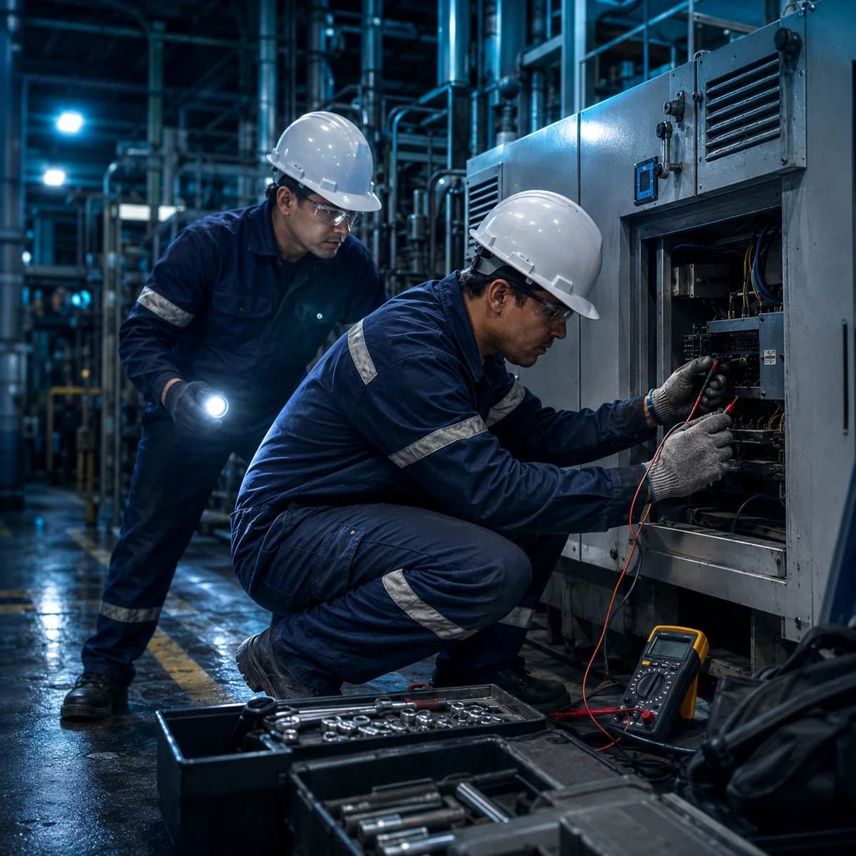 Técnicos realizando una reparación eléctrica urgente en una máquina industrial dentro de planta